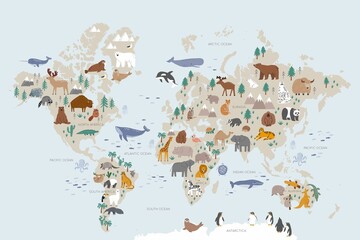 Sierkussen Babykamer Wereldkaart met dieren voor kinderen  © NadezdaBarkova