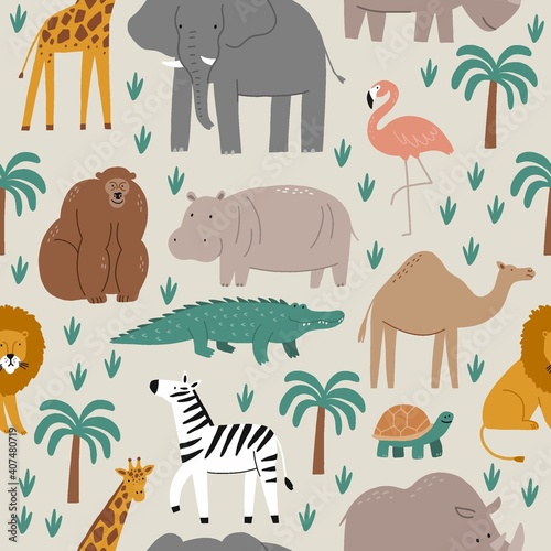 Cute wild safari African animals - Vector illustration. Seamless pattern with Elephant, hippo, giraffe, crocodile, lion, flamingo, monkey. Cartoon doodle characters in scandinavian style