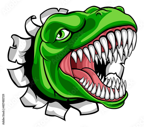 Fototapeta Naklejka Na Ścianę i Meble -  A dinosaur T Rex or raptor cartoon animal mascot tearing or ripping through the background