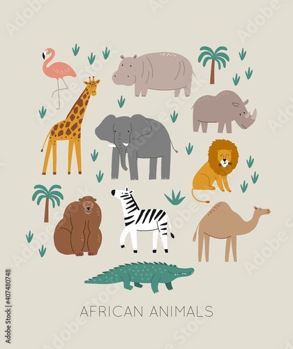 Cute wild safari African animals - Vector illustration. Elephant, hippo, giraffe, crocodile, lion, flamingo, zebra. Cartoon doodle characters in scandinavian style for children
