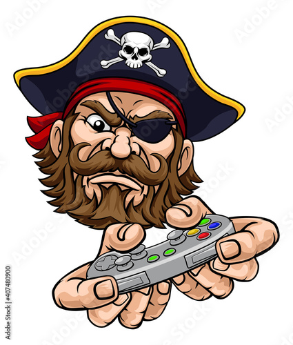 A pirate gamer mascot holding video game controller playing games cartoon character