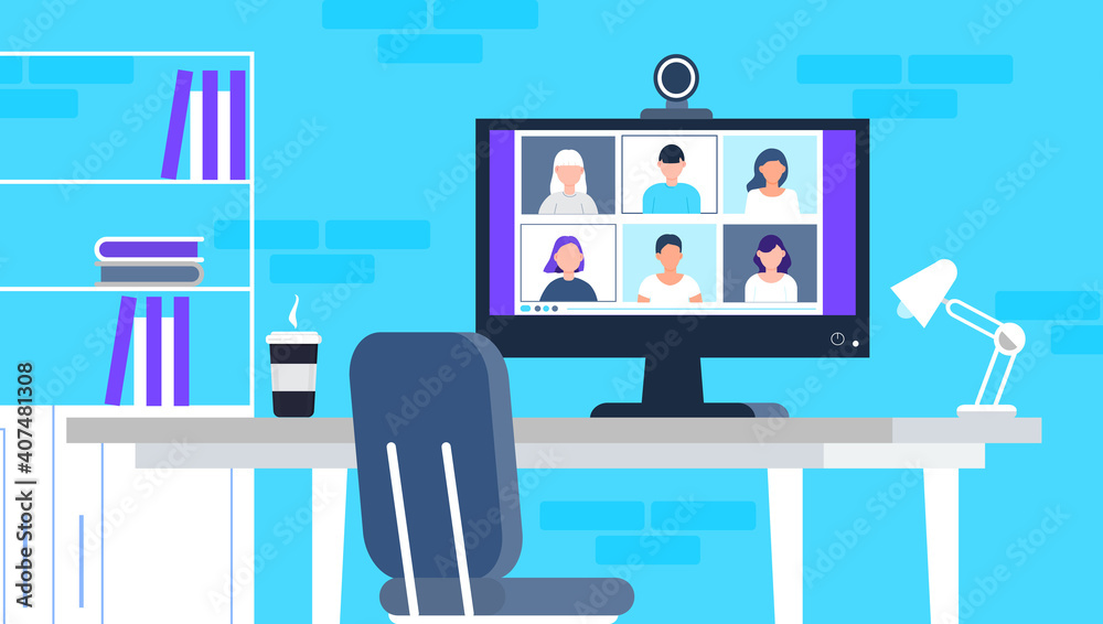 Remote school class is studying. Video call conference concept vector. Social distancing during quarantine. University online course illustration. Teleconference and webinar concept.