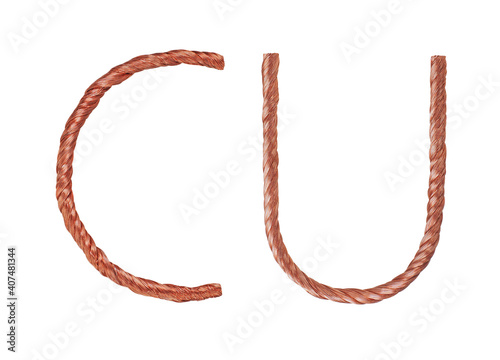 Letter  made of copper wire  isolated on white background. designation of copper