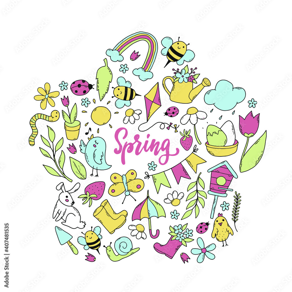 set of hand drawn spring doodles isolated on white background for stickers, prints, cards, posters, icons, cliparts, signs, logos, etc. EPS 10