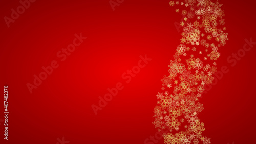 Christmas snowflakes on red background. Horizontal glitter frame for winter banner  gift coupon  voucher  ads  party event. Santa Claus color with golden Christmas snowflakes. Falling snow for holiday