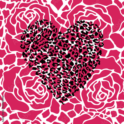 Pattern seamless of red flowers, green leaves and animal print heart. Design for the textile industry.	