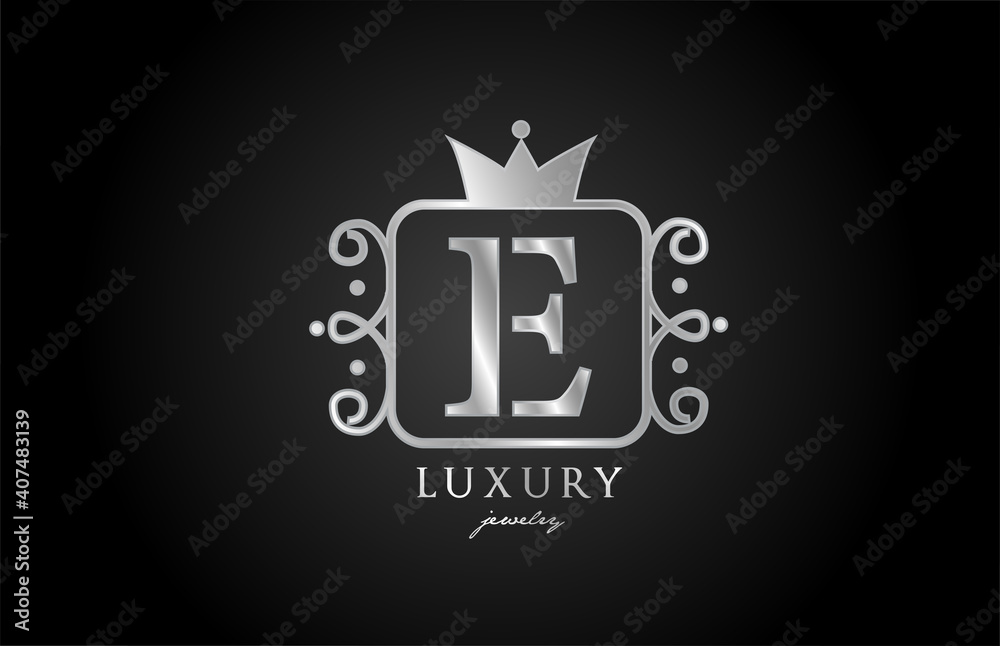 E monogram silver metal alphabet letter logo icon. Creative design with king crown for luxury company and business E monogram silver metal alphabet letter logo icon. Creative design with king crown for luxury company and business