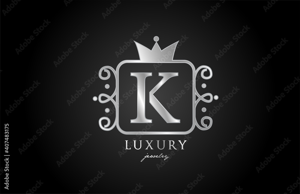 K monogram silver metal alphabet letter logo icon. Creative design with king crown for luxury company and business K monogram silver metal alphabet letter logo icon. Creative design with king crown for luxury company and business