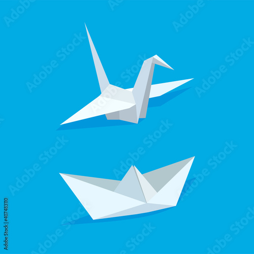 White paper crane and boat with shadow in trendy flat style. Origami icon isolated on blue background. Vector illustration.	
