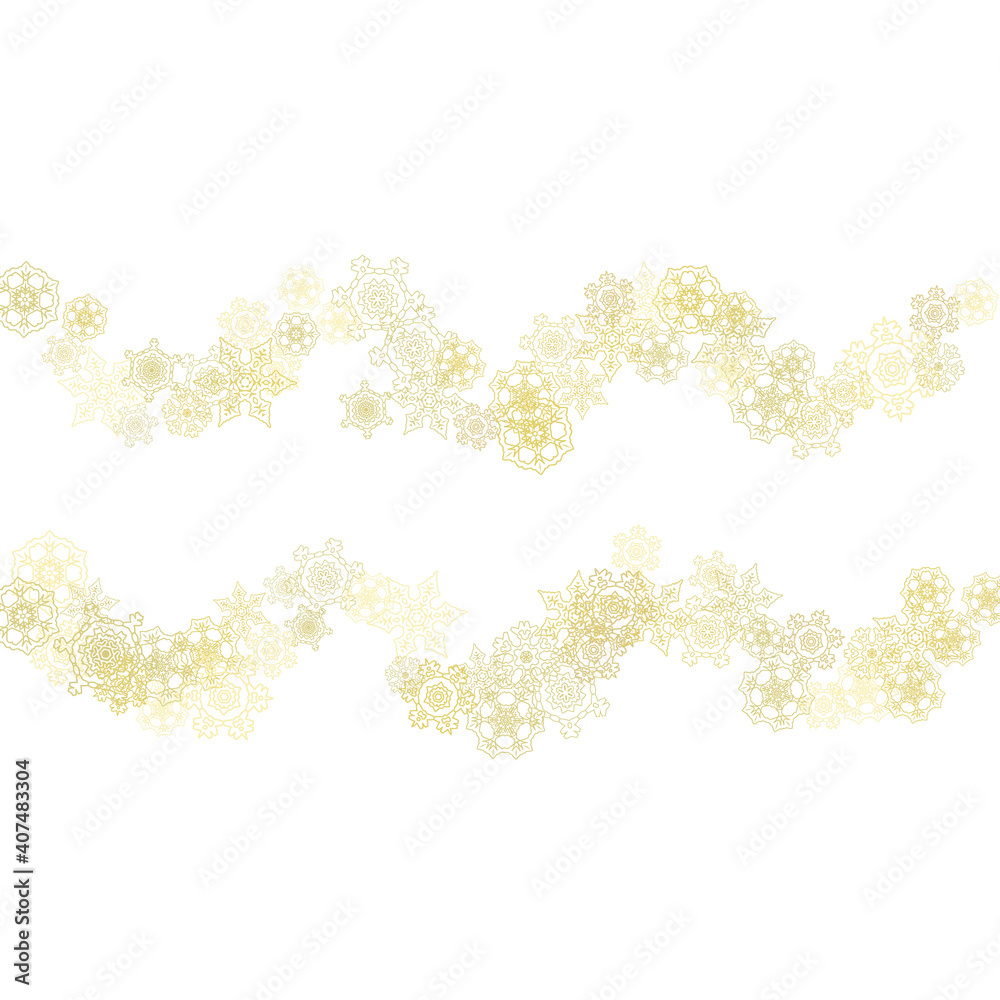Glitter snowflakes frame on white background. Winter window. Shiny Christmas and New Year frame for gift certificate, ads, banners, flyers. Falling snow with golden glitter snowflakes for party invite