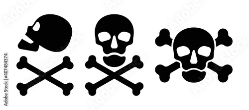 Human skull in side and full face view and crossbones on white background. Isolated illustration in silhouette style. Poison sign and symbol for design. Danger to humans. Three icon of hazard to life