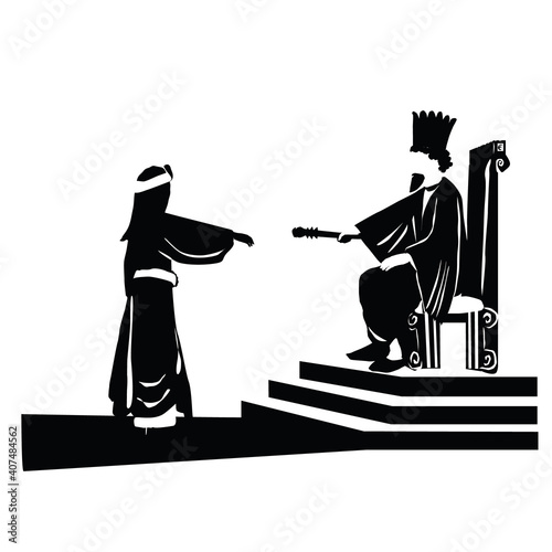 Vector drawing of the Persian king Ahasuerus extends the scepter to Queen Esther.
One of the scenes in a scroll read by the Jews on Purim.
Black silhouette.
