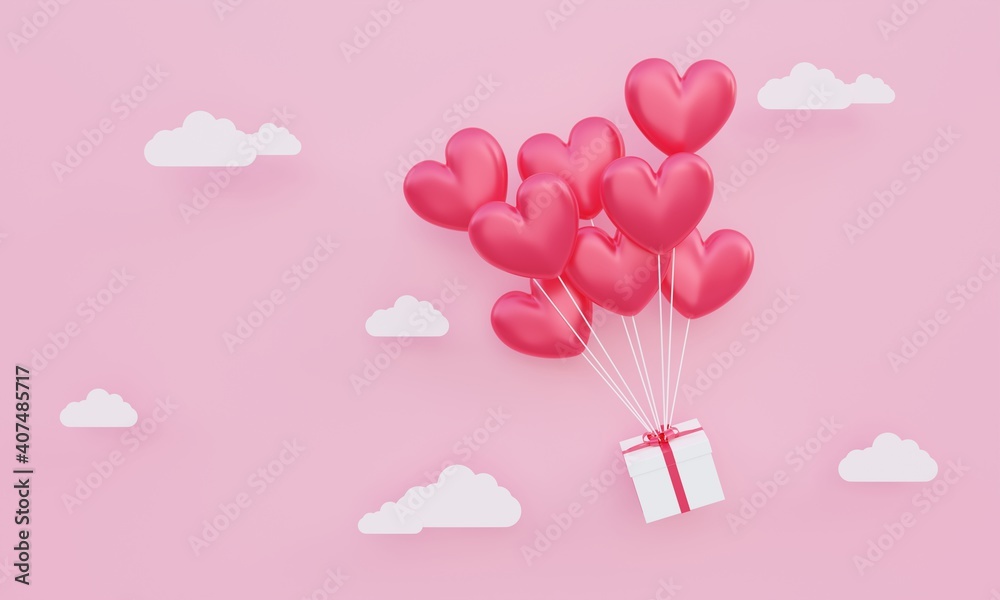 Valentine's day, love concept background, red 3d heart shaped balloons with gift box floating in the pink sky with paper cloud