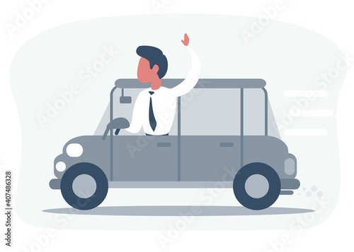 Businessman driving the car and waving to someone. Saying hello. Vector, illustration, flat