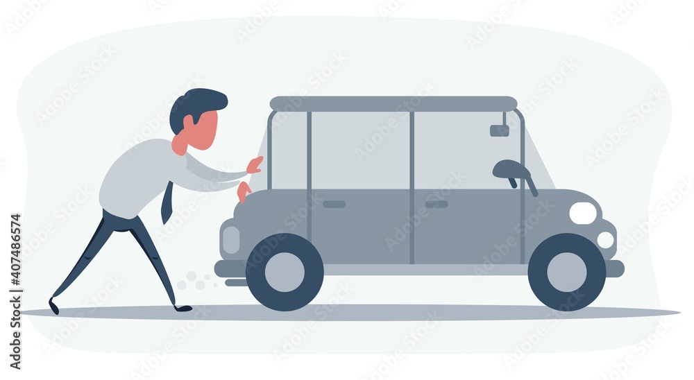 Man pushing a broken car. Car run out of fuel. Vector illustration, flat, cartoon style, isolated background.