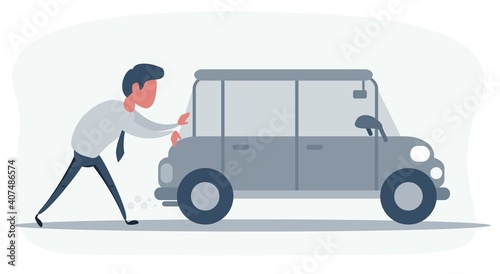 Man pushing a broken car. Car run out of fuel. Vector illustration, flat, cartoon style, isolated background.