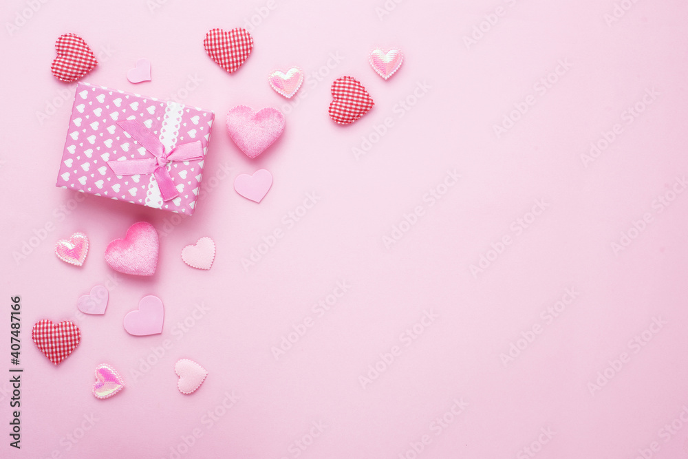Gift box and pink heart on paper background with copy space for love wedding or valentines day