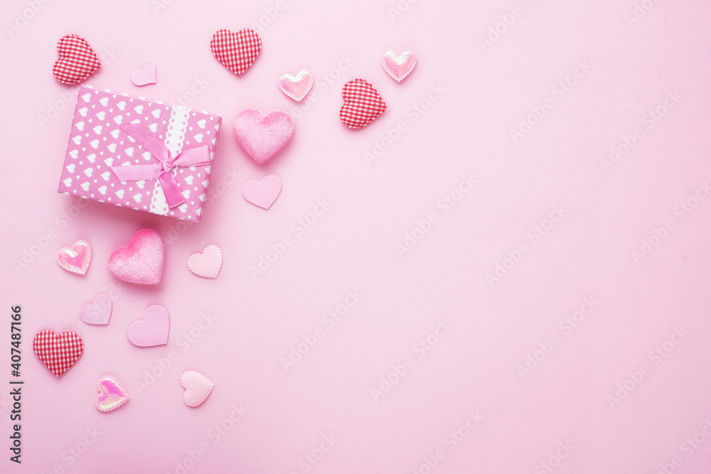 Gift box and pink heart on paper background with copy space for love wedding or valentines day Gift box and pink heart on paper background with copy space for love wedding or valentines day