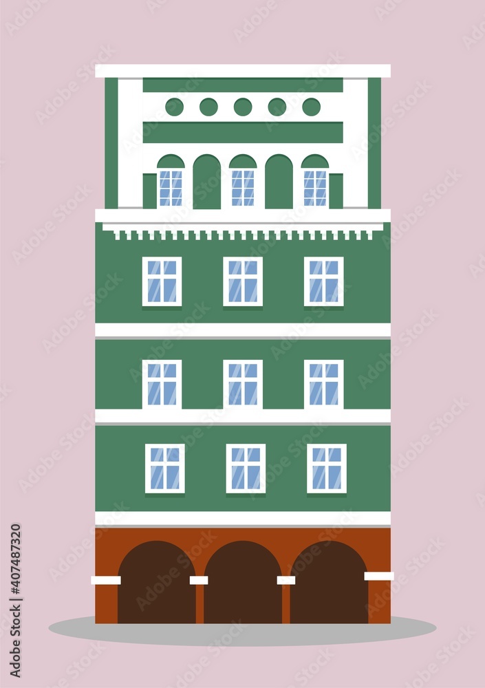 European colorful old house. Dutch style. green historic facade. Traditional architecture of Netherlands or Poland. Vector illustration flat cartoon style.
