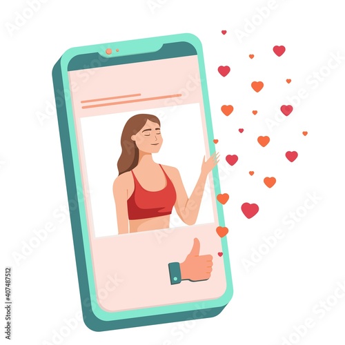 Sending love message concept. Hand holding phone with heart, send button on the screen. Vector flat cartoon illustration.Woman waves her hand, says hello.Online love chat.Romantic internet dating