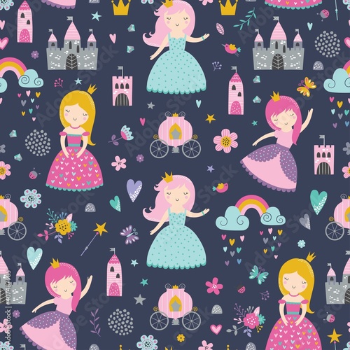 Childish seamless pattern with princess, castle, carriage in Scandinavian style. Creative vector childish background for fabric, wrapping, textile, wallpaper, apparel