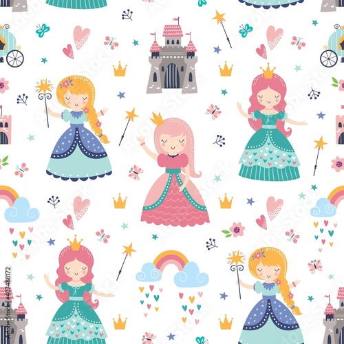Childish seamless pattern with princess, castle, carriage in Scandinavian style. Creative vector childish background for fabric, wrapping, textile, wallpaper, apparel