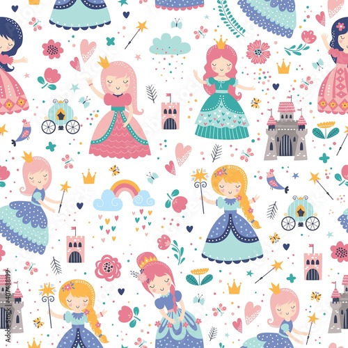 Childish seamless pattern with princess, castle, carriage in Scandinavian style. Creative vector childish background for fabric, wrapping, textile, wallpaper, apparel