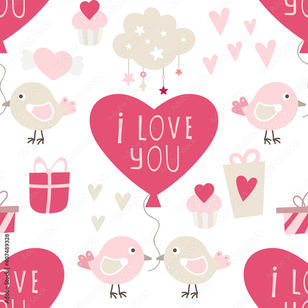 Seamless pattern for Valentines day design with cute bird, heart, romantic elements. Lettering I love you. Vector illustration for packaging. Pattern is cut, no clipping mask.