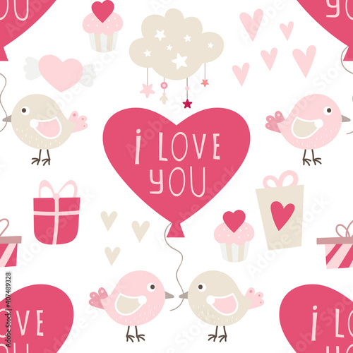 Seamless pattern for Valentines day design with cute bird, heart, romantic elements. Lettering I love you. Vector illustration for packaging. Pattern is cut, no clipping mask.