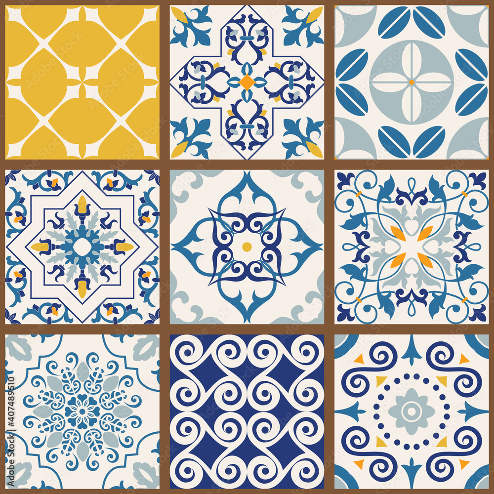 Collection of 9 colorful tiles. Seamless patchwork tile with Islam, Arabic, Indian, Ottoman motives. Majolica pottery tile, blue, yellow azulejo, original traditional Portuguese and Spain decor.