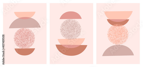 Abstract contemporary aesthetic backgrounds set with geometric balance shapes. Earth tones, terracotta colors. Boho wall decor. Mid century modern minimalist art print. Organic shape. Dots texture.