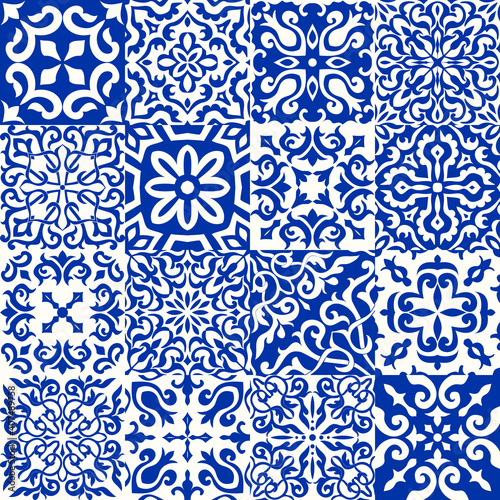 Set of 16 tiles Azulejos in blue, white. Original traditional Portuguese and Spain decor. Seamless patchwork tile with Victorian motives. Ceramic tile in talavera style. Gaudi mosaic. Vector