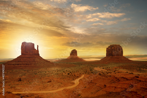 Panoramic view of Monument Valley at sunset. Navajo Tribal Park  Arizona - Utah  USA