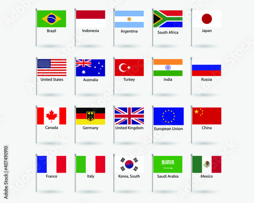 G20 countries flags. Major world advanced and emerging economies states, official Group of Twenty flag labels. International financial summit forum meeting flags symbols. Isolated vector icons set.