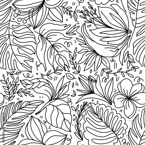 Tropisian palm and flowers seamless pattern in doodle style. Black and white exotic plants. Hand drawn vector illustration on white background