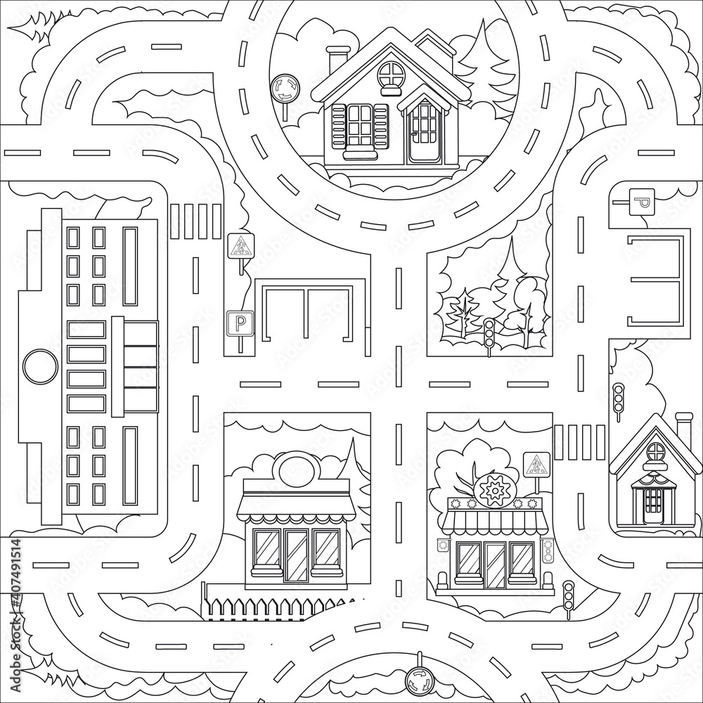 Children coloring page for book. City maze road and building. Kids labyrinth game and activity page. Find the right path. Funny riddle. Education art worksheet. Vector illustration.