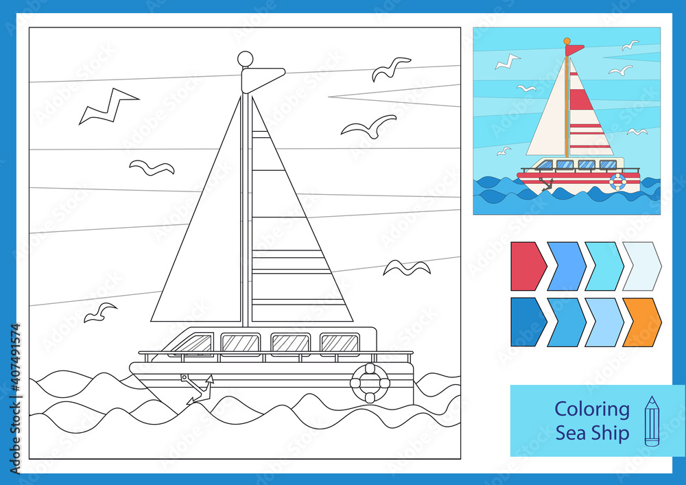 Landscape with a cartoon sea ship. Children colouring page. Drawing lesson for kids. Activity game. Vector illustration.