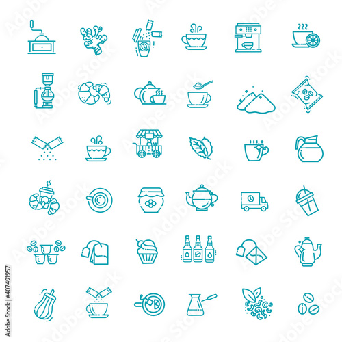 Coffee and tea vector icons set. Thin line design