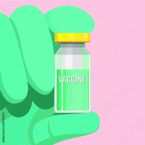 vector flat design geometric stylized illustration of a doctor's hand in a medical glove holding a covid-19 vaccine on a pastel background. all elements are isolated. the background can be removed.