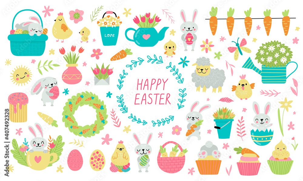 Set of cute Easter cartoon characters and design elements. Bunny, chickens, eggs and flowers. Vector illustration