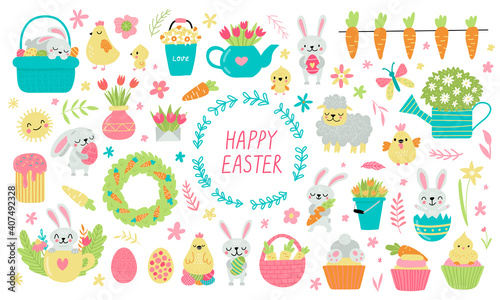 Set of cute Easter cartoon characters and design elements. Bunny  chickens  eggs and flowers. Vector illustration