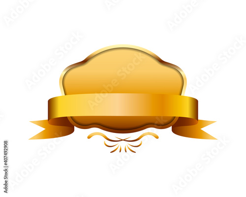 Gold ribbon banner with a blank label. Vector illustration design element.