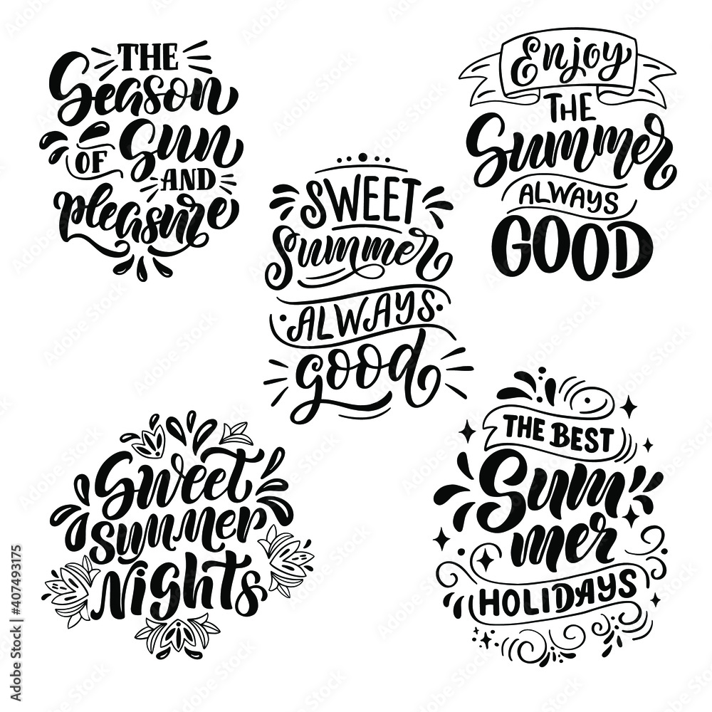 Set of lettering compositions about summer in vector graphics, on a white background. For the design of postcards, posters, banners, prints for t-shirts, covers, mugs, pillows