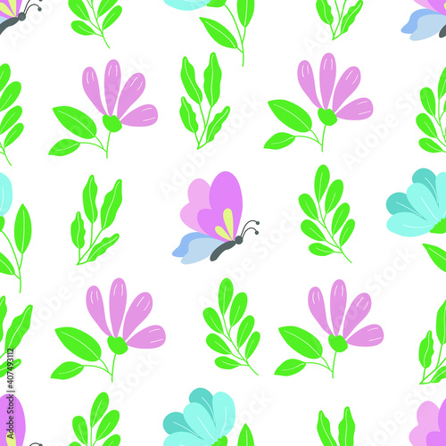 Seamless pattern on a white background, in vector graphics - blue, pink flowers, leaves and butterflies. For decorating wallpaper, textiles, covers, prints for wrapping paper, clothing, packaging