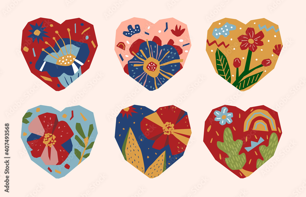 Fototapeta premium Set of hearts with flowers and leaves in paper cut style. Bright colors. Valentine's Day concept. Vector illustration isolated on background
