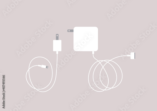 A set of mobile and laptop power adapters, modern simple design, minimalist details