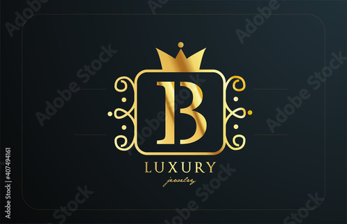 B monogram golden metal alphabet letter logo icon. Creative design with king crown for luxury company and business