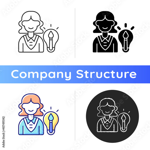 Creative department icon. Generating ideas. Creating brand image for company. Art direction and copywriting. Artist, writer. Linear black and RGB color styles. Isolated vector illustrations