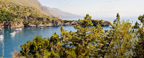 Panoramic widescreen view on the amazing Infreschi bay that with its beach, a protected marine area, is one of the most beautiful in Italy. Lentiscosa, Salerno, Italy. photo