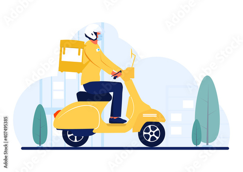 Safe delivery concept. Courier with protective mask on scooter delivering the order. New normal online order. Flat vector.